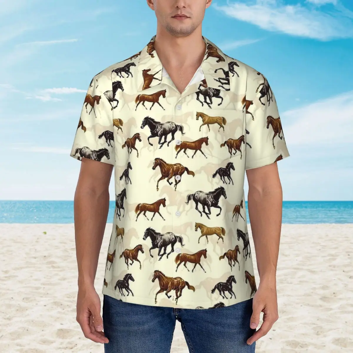 Horse Painting Hawaiian Shirt Men Beach Animal Print Casual Shirts Short-Sleeved Street Style Custom Cool Oversized Blouses