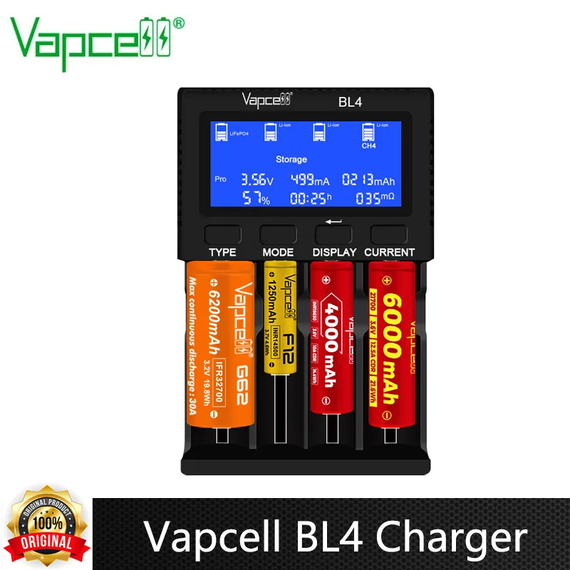 Original Vapcell BL4 Battery Charger 4 Slots 9V 3A Fast Charging 5 Functions Type-C Port For 18650 21700 18350 20700 Battery