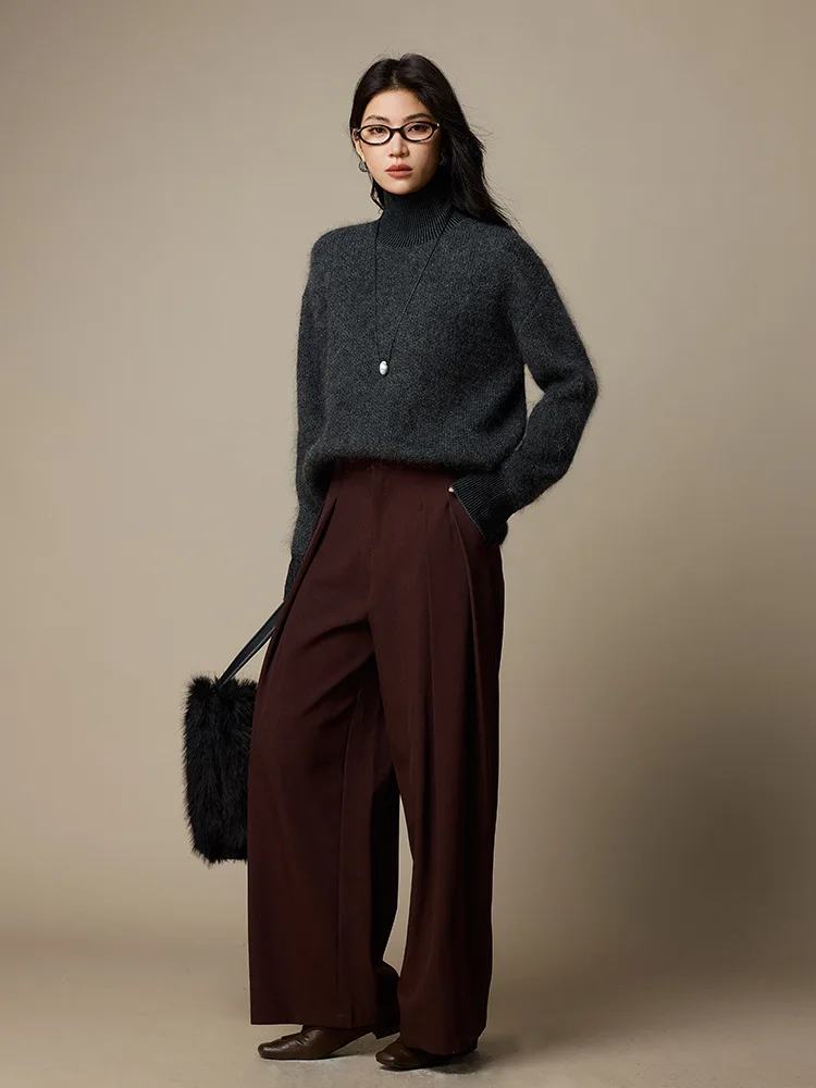 Birdtree, gebreide trui van mohairmix, dames coltrui basics gebreide kleding, pluche tops, 2025 herfst winter grijze trui T5N803JF