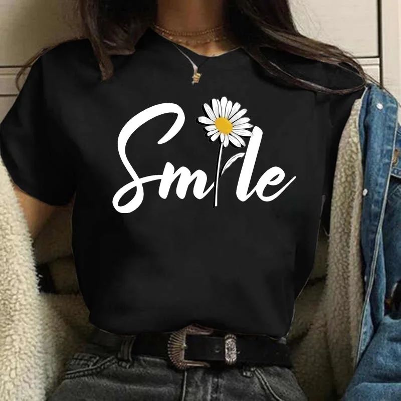 Women Printed T Shirt Daisy Floral Fashion Casual Short Sleeve O-neck T Shirt Streetwear 90s Lady T-shirt Flower Clothes