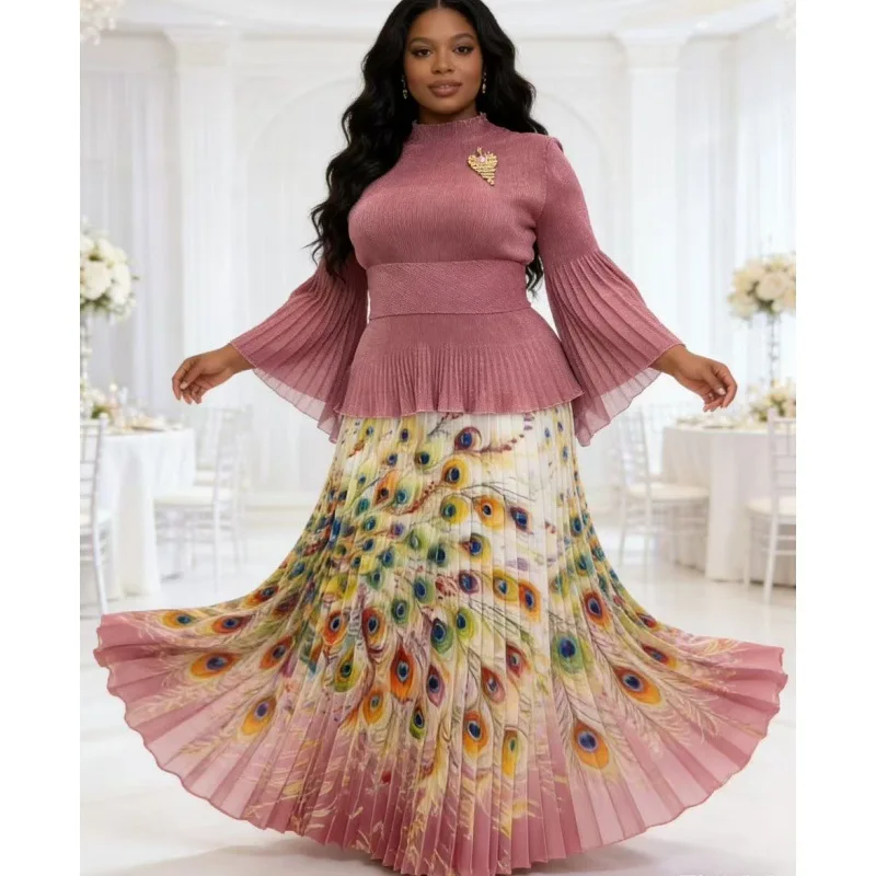 

Miyake Pleated Women's Casual Skirt Suit 2026 New Large Size Hot Stamping Printed Strappy Top + Printed Skirt Two-piece Set