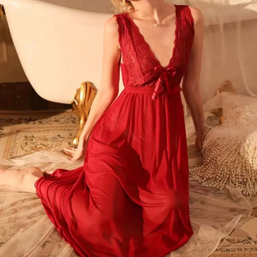 

Pajamas Lace Mesh Flower Nightgown Sleeveless Sweet Bowknot Nightwear Women Lingerie V-neck Nightdress Home