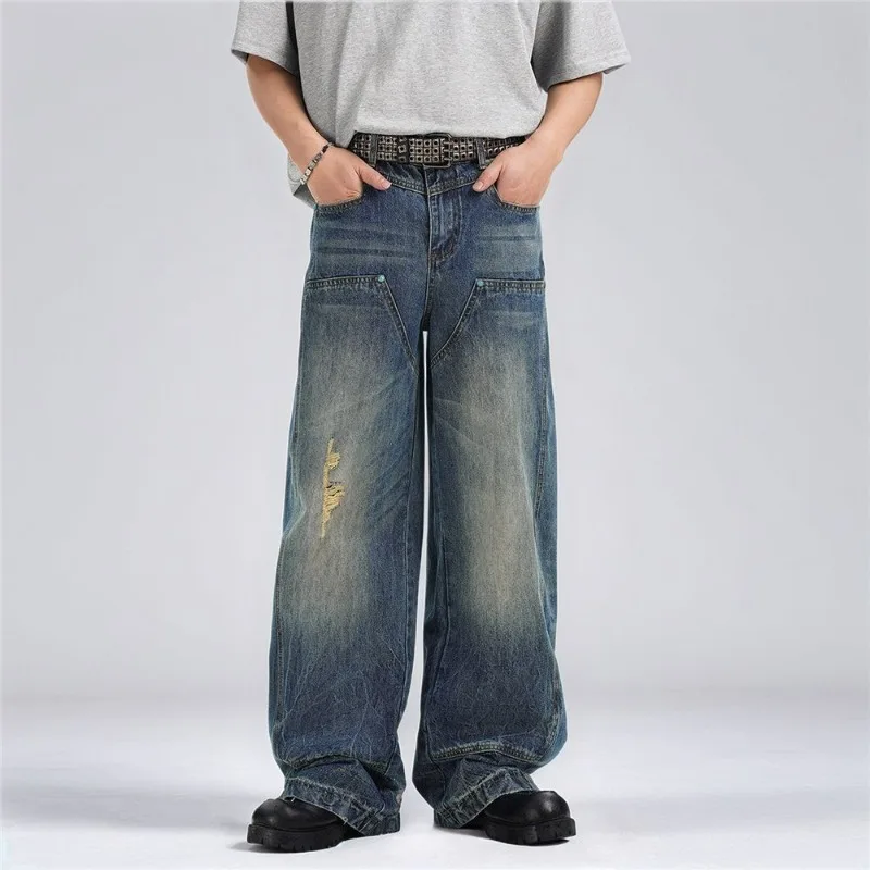 

Autumn Trendy Denim Jeans Men Straight Stretch Regular Jeans for Man Blue Classic Vintage Baggy Causal Cargo Denim Pant Big Size