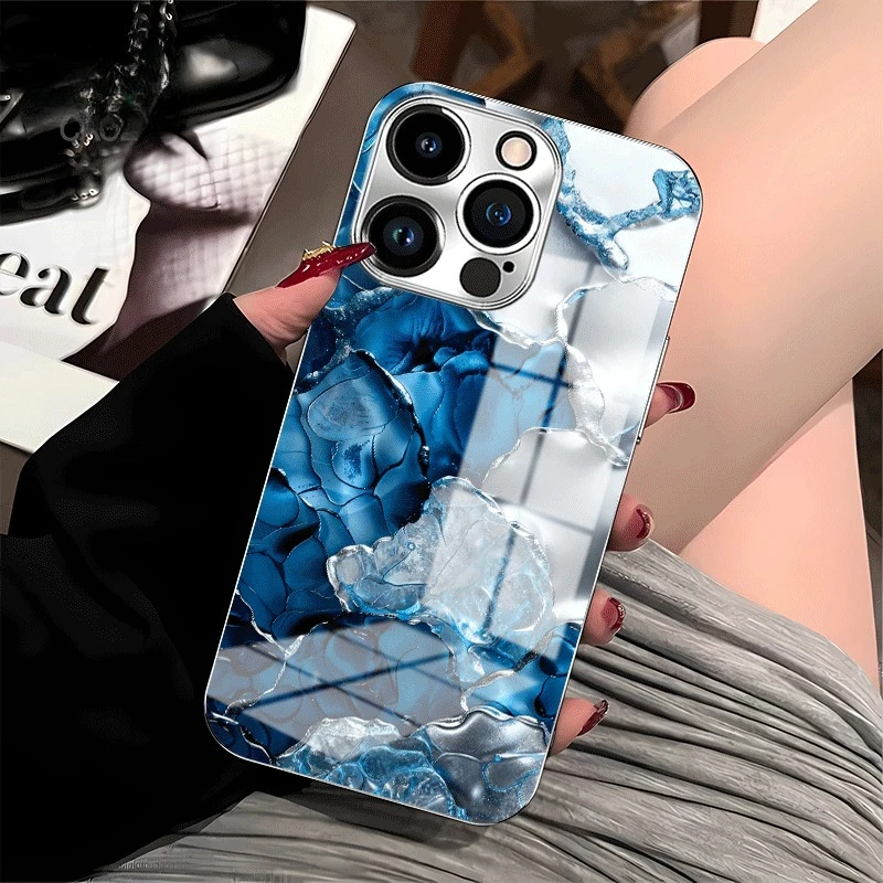 Blue-colored pattern electroplated glass phone case, suitable for iPhone 17, 16, 15, 14, 13, 12, 11, etc.