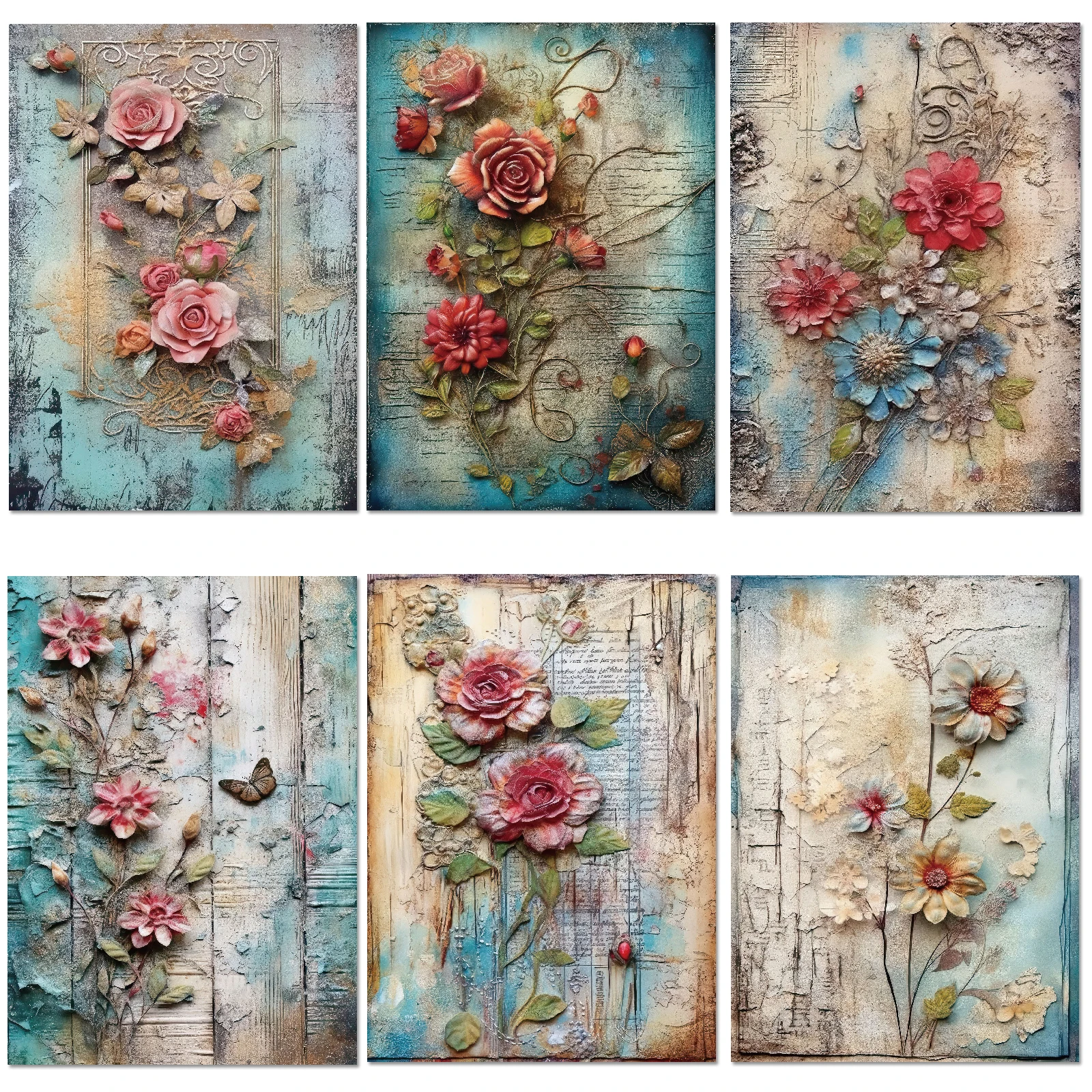 12 Blatt Vintage-Blumen-Scrapbook-Papier mit Retro-Blumenmotiv für Bastelpapier, Junk-Tagebuchpapier, DIY-Kartenherstellung – Detail 3