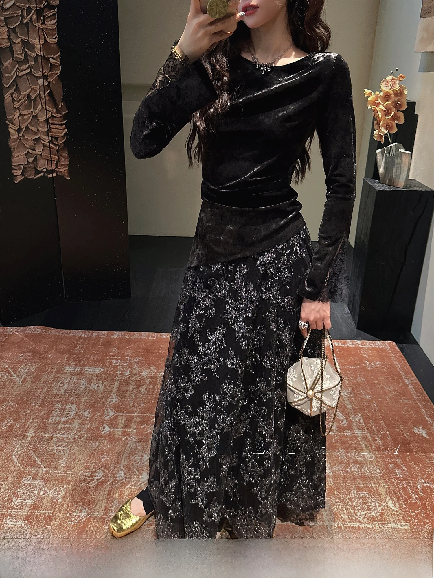 

Новая китайская бархатная зимняя юбка Sanji Bla Flower с вышивкой, кружевом и тюлем, в корейском стиле, для повседневной носки, эффект «холодное прикосновение»