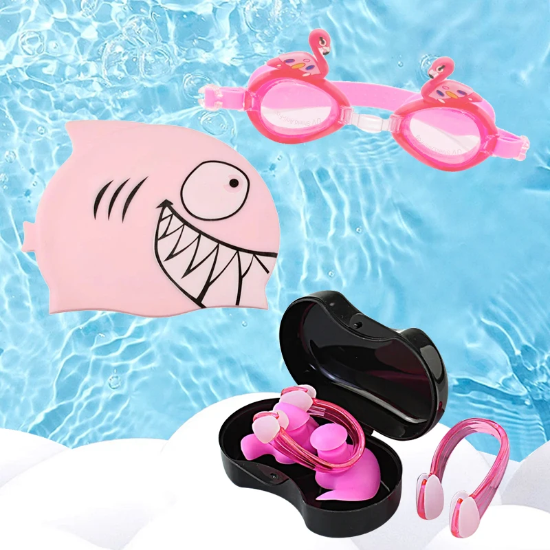 

Children's Swimming Cap Waterproof Ear Protection Diving Cap With Anti-fog Swimming Goggles Nose Clip Earplugs Set Accessories