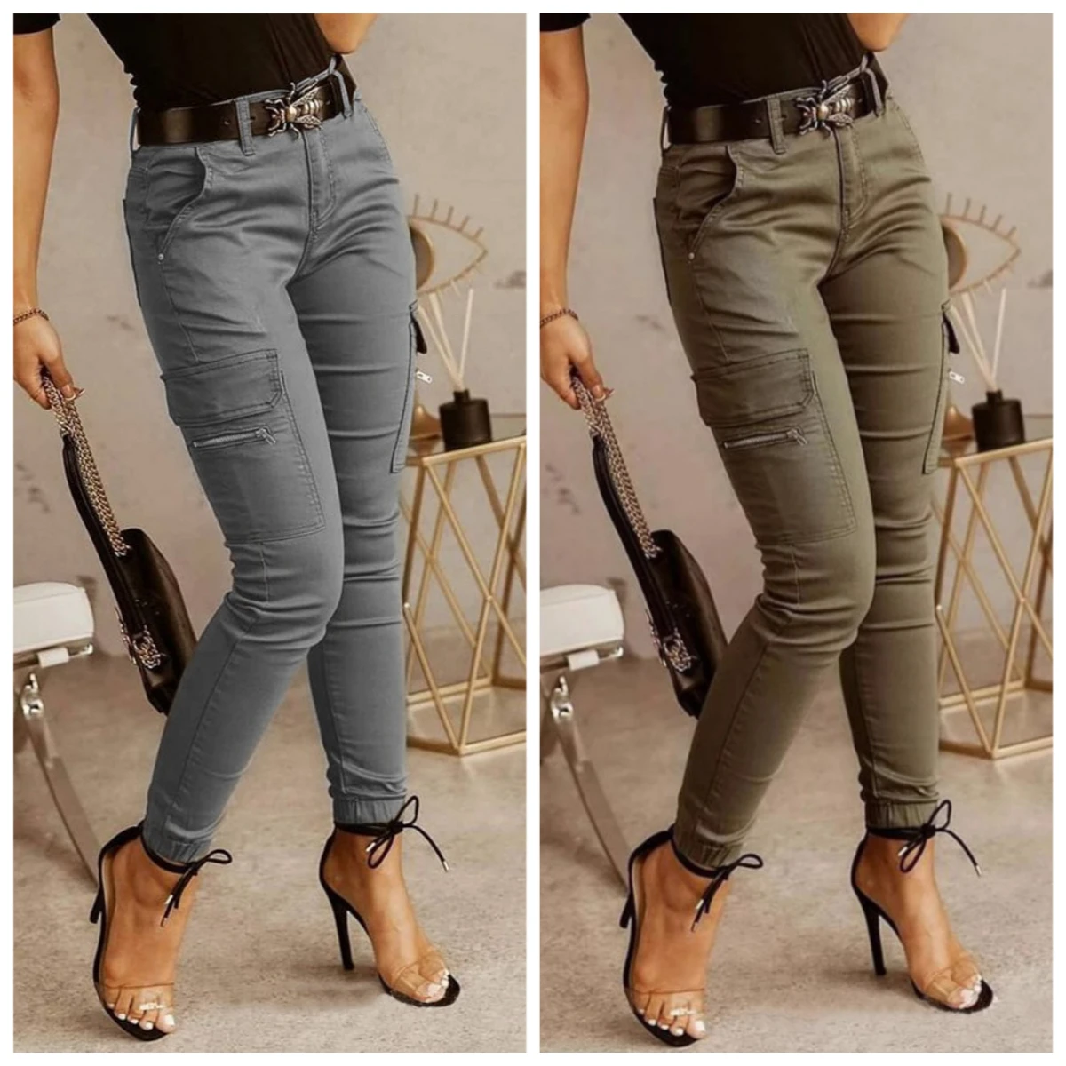 2026 New Woman Work Trousers Spring Autumn Casual Multi-Pocket Tight Foot Trousers Low-waist Button Solid Color Women's Leggings