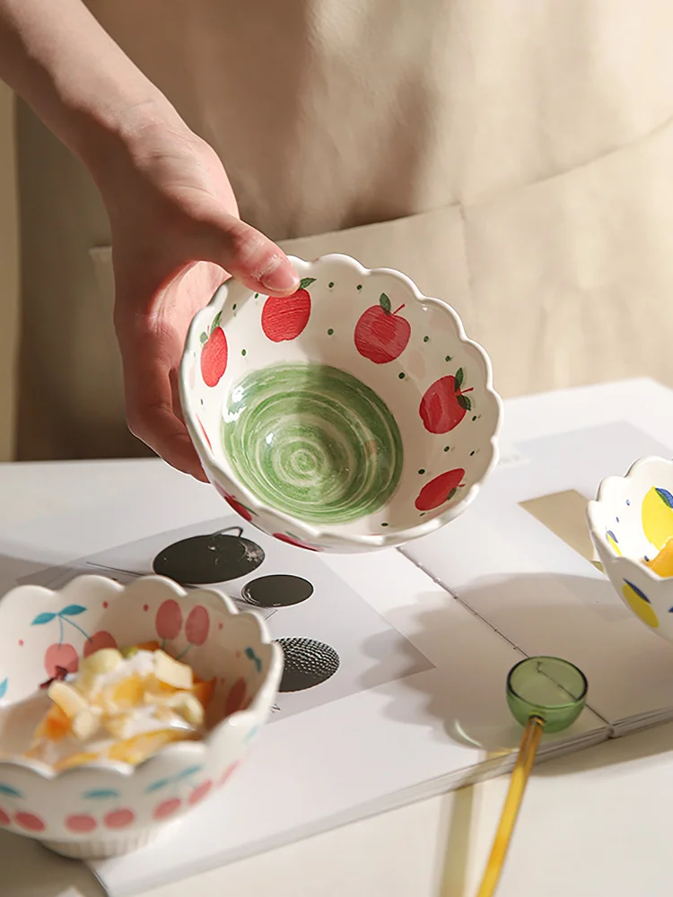 Ceramic 4.8 Inch Bowls Japan Kawaii Style 270ml Cherry Lemon Handpainted Ice Cream Salad Rice Yogurt Desserts Food Container