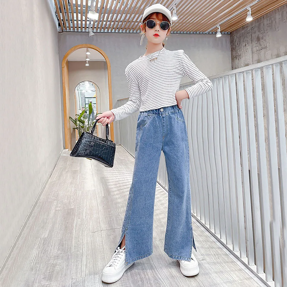 

Girls Wide Leg Jeans Ankle Slit Design Youthful Lively Personality Perfect for Medium and Large Children Trendy and Modern Look