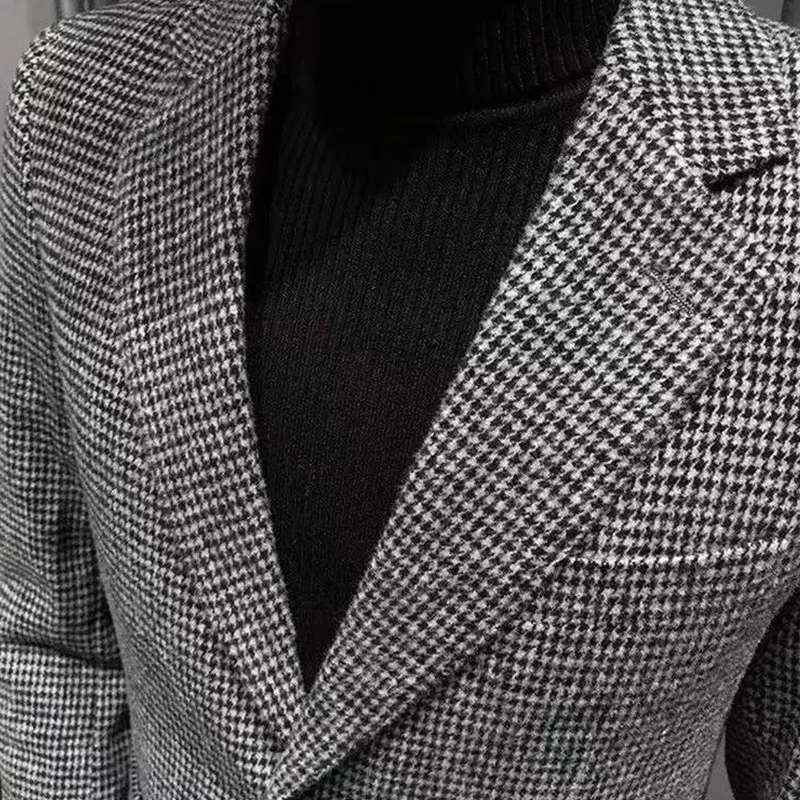 Men\'s Suit Jacket Gray Houndstooth Wool Tweed Retro Thickening Jacket Formal Business Jacket Groomman for Wedding Jacket 2022