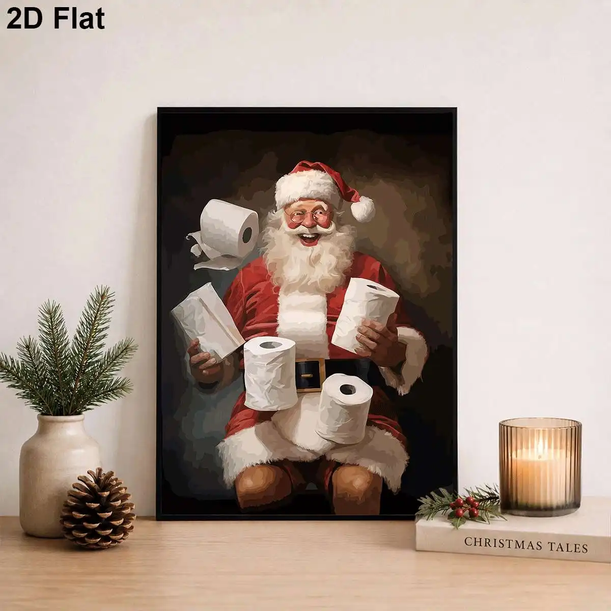 Funny Santa Claus Holding Toilet Paper Rolls Canvas Print Poster Vintage Xmas Winter Art Prints Festive Wall Art Home Decor Gift