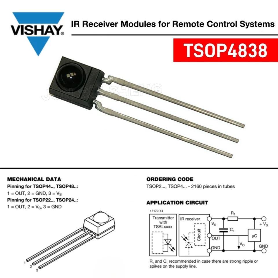 2X TSOP4838 Récepteur Infrarouge Intégré 38kHz 45° Vishay - Composant Électronique Haute Performance