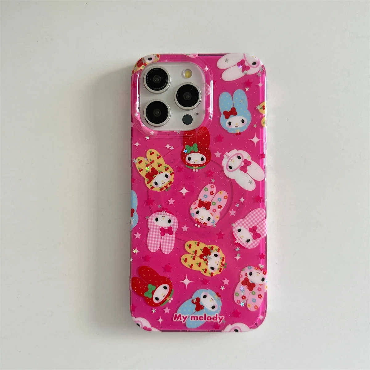 Funda de teléfono magnética con purpurina Sanrio Melody, color rosa, a la moda, para iPhone 16 Pro 15 14 13, con soporte para fundas Magsafe