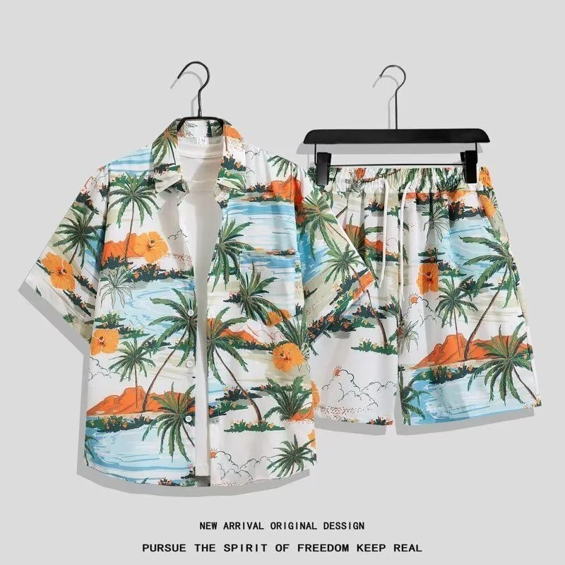 

Breathable Hawaiian 2 Piece Travel Set for Couples Short Sleeve Shirt Shorts Summer Beachwear Loose Fitting Quick Dry Outfit