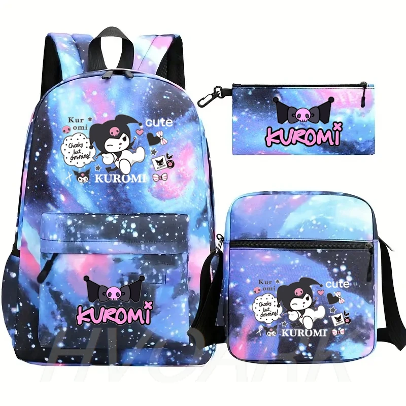 Kuromi-mochila de dibujos animados para adolescentes, morral escolar ligero de 3 piezas, capacidad sencilla, con Shoudler, para viaje al aire libre