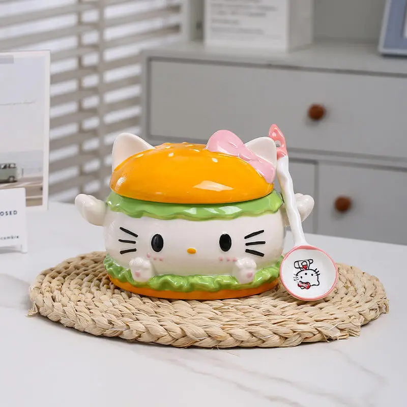 Керамическая чашка с рисунком «Hello Kitty's», миска для супа, красивая, большая вместимость, бытовая, есть ложка, модный милый праздничный подарок