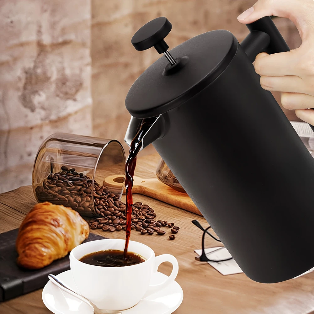 

Stainless Steel Tea Pot Easy Press Double Wall Insulation Coffee Press 1000ml Double Walled Large Coffee Press for Bar Cafe Home