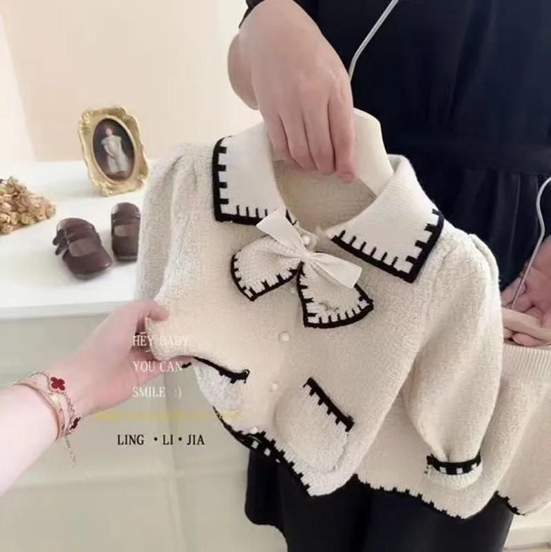 

Kids Girl's Sweater Dress Sweet Bow Small Fragrant Wind Knit Dress Autumn and Winter New Sweater Dress Girl Baby Korean