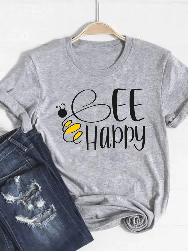 Print T Shirt Bee Letter Trend Cute 90s Short Sleeve Summer Top Fashion Clothes Women Clothing Gray Basic Tee Graphic T-shirt