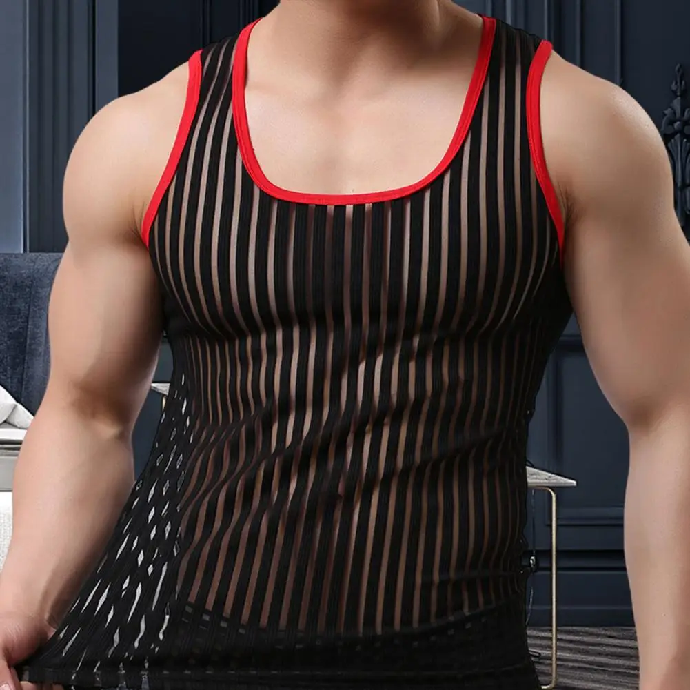 Summer Men Undershirt Trendy Sports Vest Striped Shirt Elastic Mesh Yarn Tees Bottoming Shirt 3D Cutting Fitness Vest Streetwear