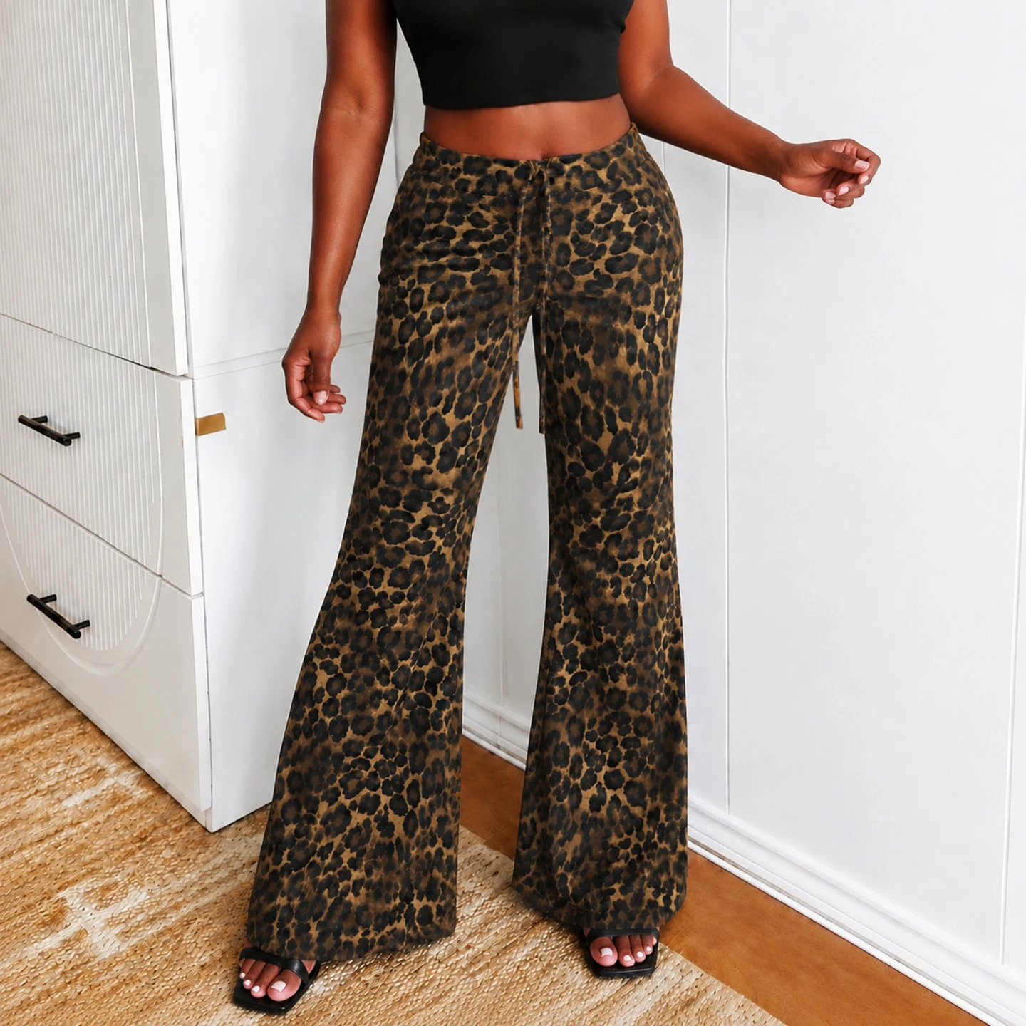 SUCHCUTE Women Leopard Print Flare Pants Elastic Drawstring Waist Slim Wide Leg Bell Bottom Trousers Y2K Streetwear Casual Pants