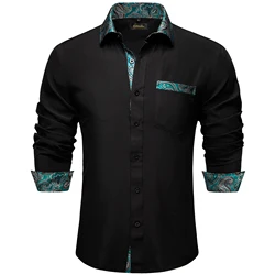 Teal Green Paisley Splicing Solid Black Shirts For Men New Designer Long Sleeve Casual Social Dress Shirts