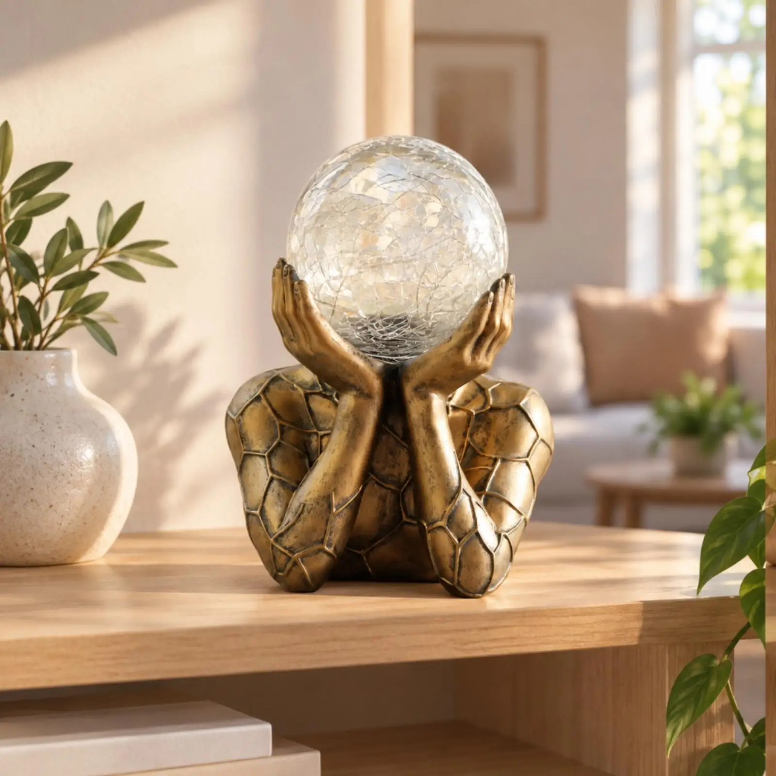 Decorative Resin Garden Sculpture Seated Figure Holding Globe Solar Light Bronze Tone Statue for Outdoor Patio Entryway Decor