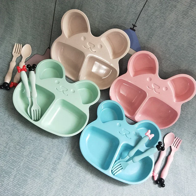 Wheat Straw Plates Baby Training Bowl Plate+spoon+fork Cute Bear Food Tableware Set Kids Dishes OPP Packaging for Baby Feeding