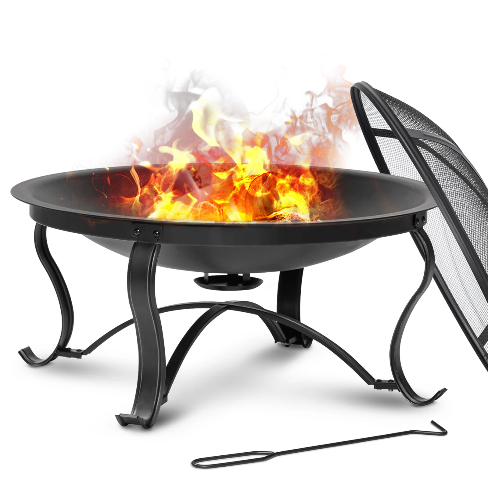 30 Inch Metal Fire Basket with Mesh Cover Fire Poker Heating Stove Portable Round Charcoal BBQ Grills Winter Campfire Basin