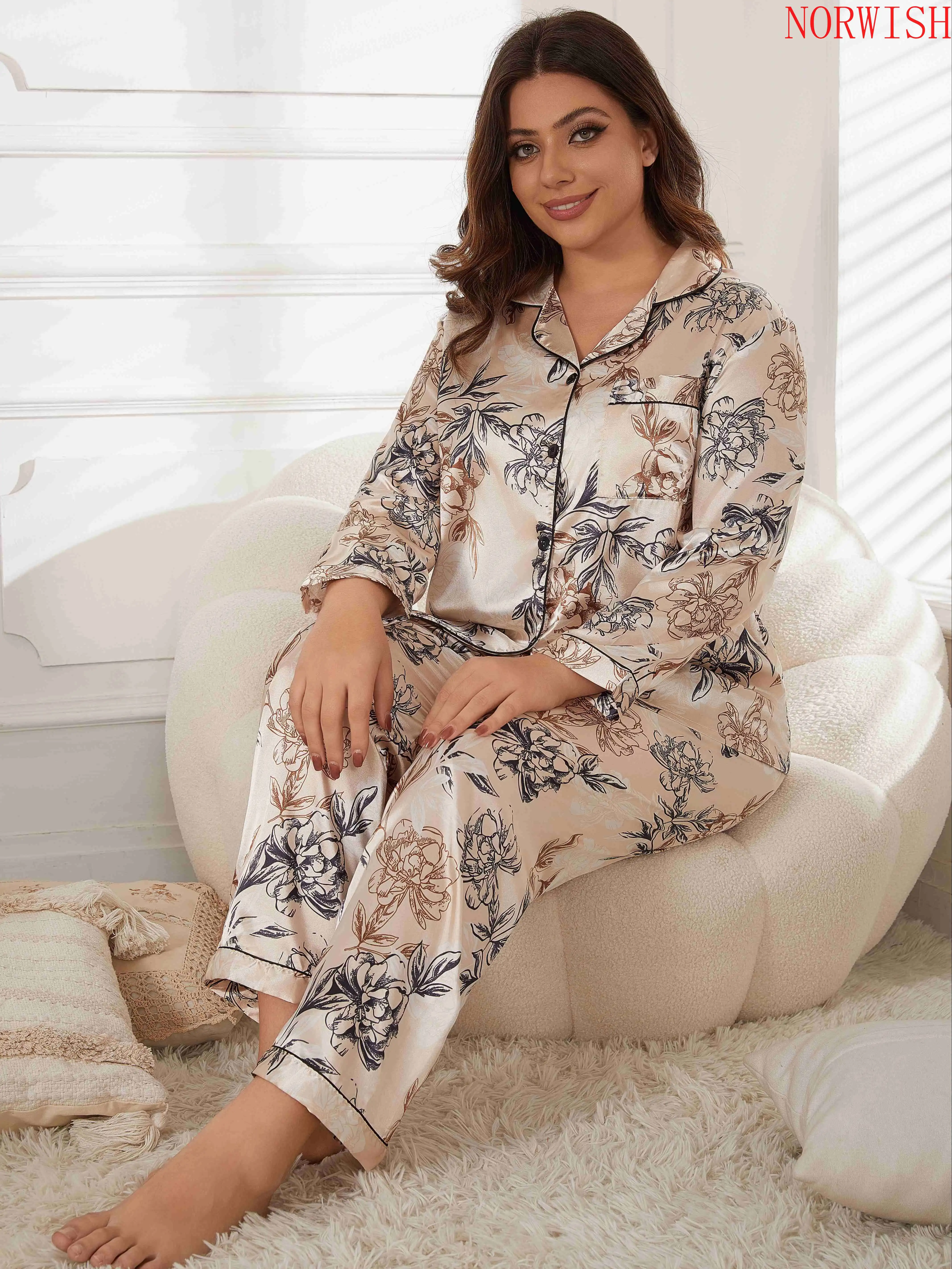 Women Plus Size Floral Print Satin Pajama Set Long Sleeve Smooth Luxury Sleepwear Ladies Home Loungewear Nightwear