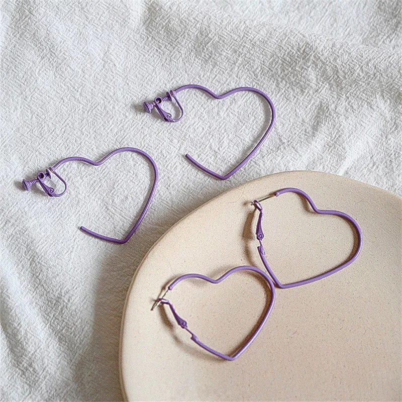 Love Heart Hoop Earrings Peach Heart Geometric Earrings Fashion Purple Personality Earring For Woman Gift Simple Pop Jewelry