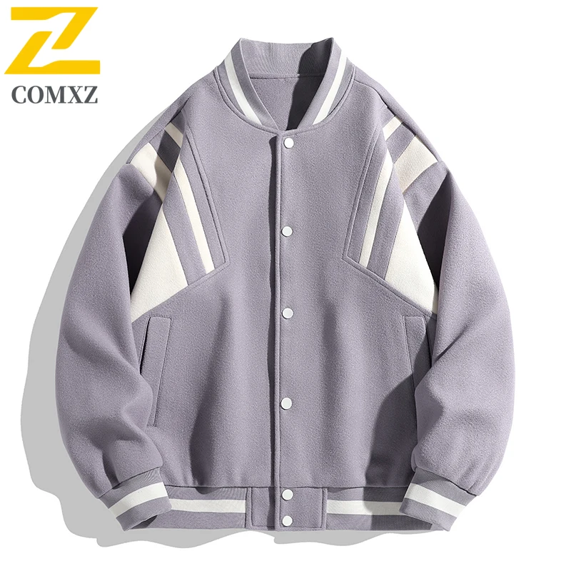 COMXZ 가을 남성 야구 재킷 클래식 야구 칼라 야외 여행 코트 프리미엄 스플 라이스 방풍 패션 겉옷 ​