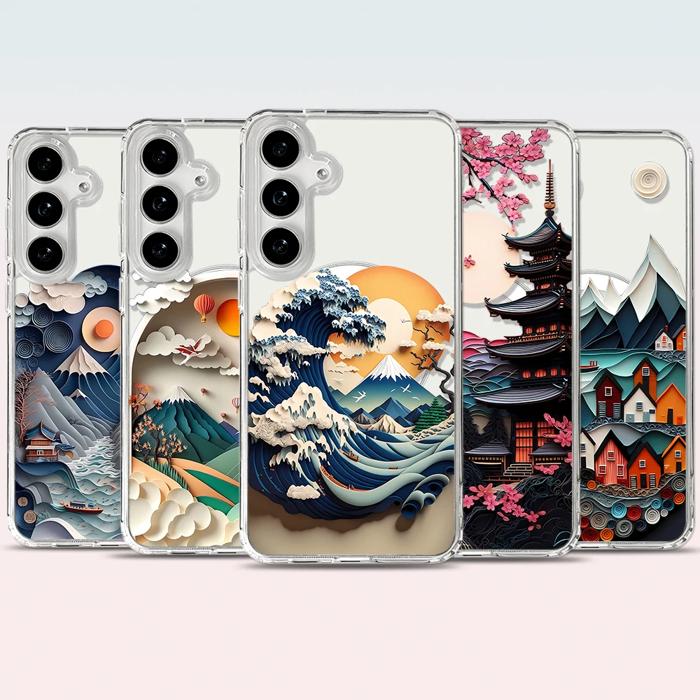 Funda de teléfono magnética con arte de paisaje japonés para Samsung Galaxy S25 Ultra S24 FE S23 Plus S22 A55 A56 A36 A16 5G