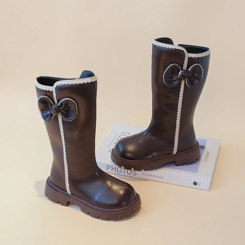 Girls Fleece Lined Boots 2026 New Winter Kids Long Tube Boots Princess Thigh High Boots Girls Warm Brown Boots For 3-12 Years