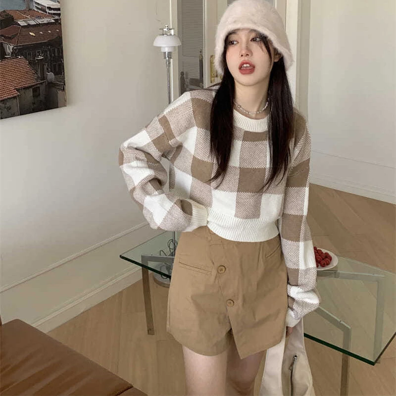 Cropped Sweater Korean O-neck Plaid Printing Preppy Style Pullover Sweater Women Simple Sweet Sweaters For Women Student Sweater