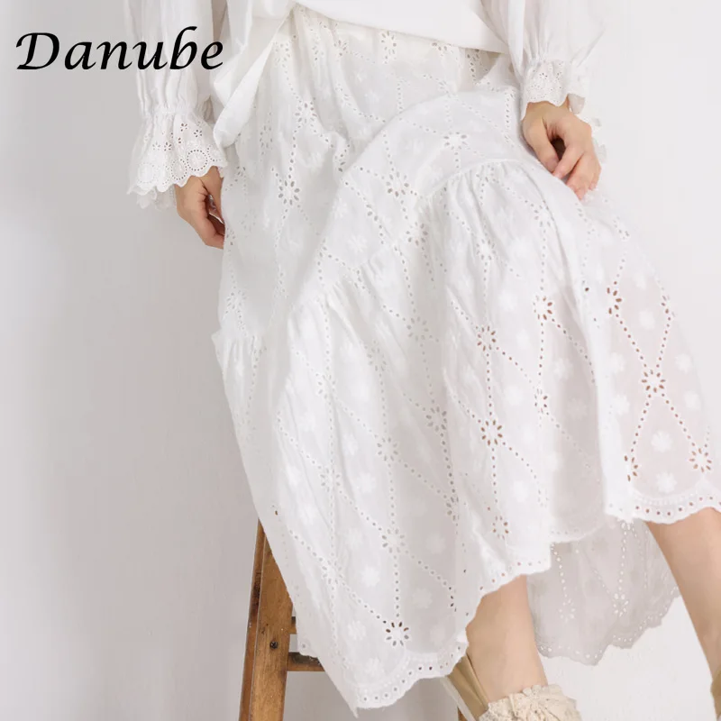 Vintage Hollow Out Cotton Linen Boho Skirt For Women Japan Mori Girl Embroidery Flower High Waist Loose A-Line White Long Skirt