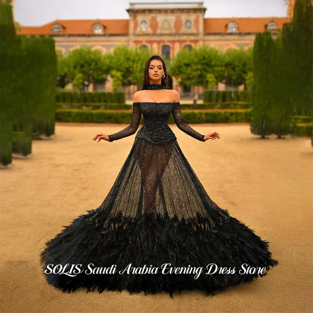 

SOLIS Black Evening Dress Off the Shoulder Full Sleeve Prom Dresses Feathers Party Formal Gown robe de bal for Woman Customized