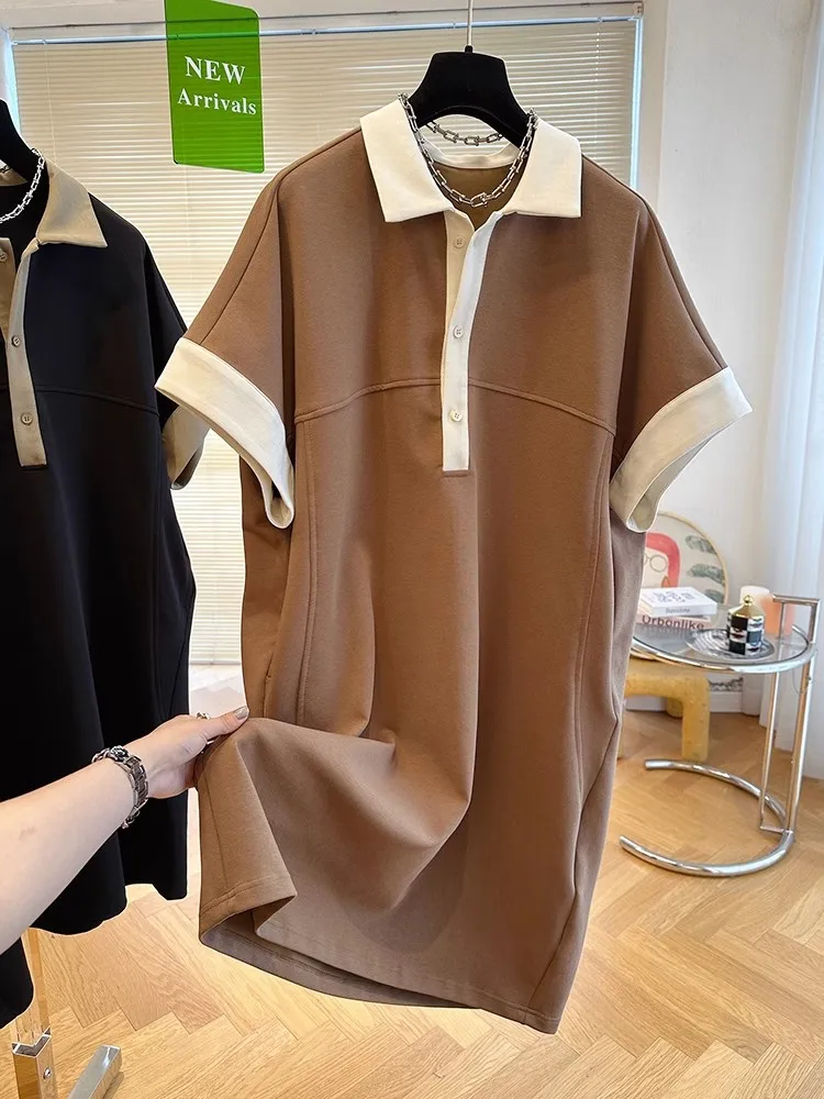 Elegant Dress For Women Short Sleeve Comfortable Casual Patchwork Dress khaki Summer 2023 Summer Loose Dress