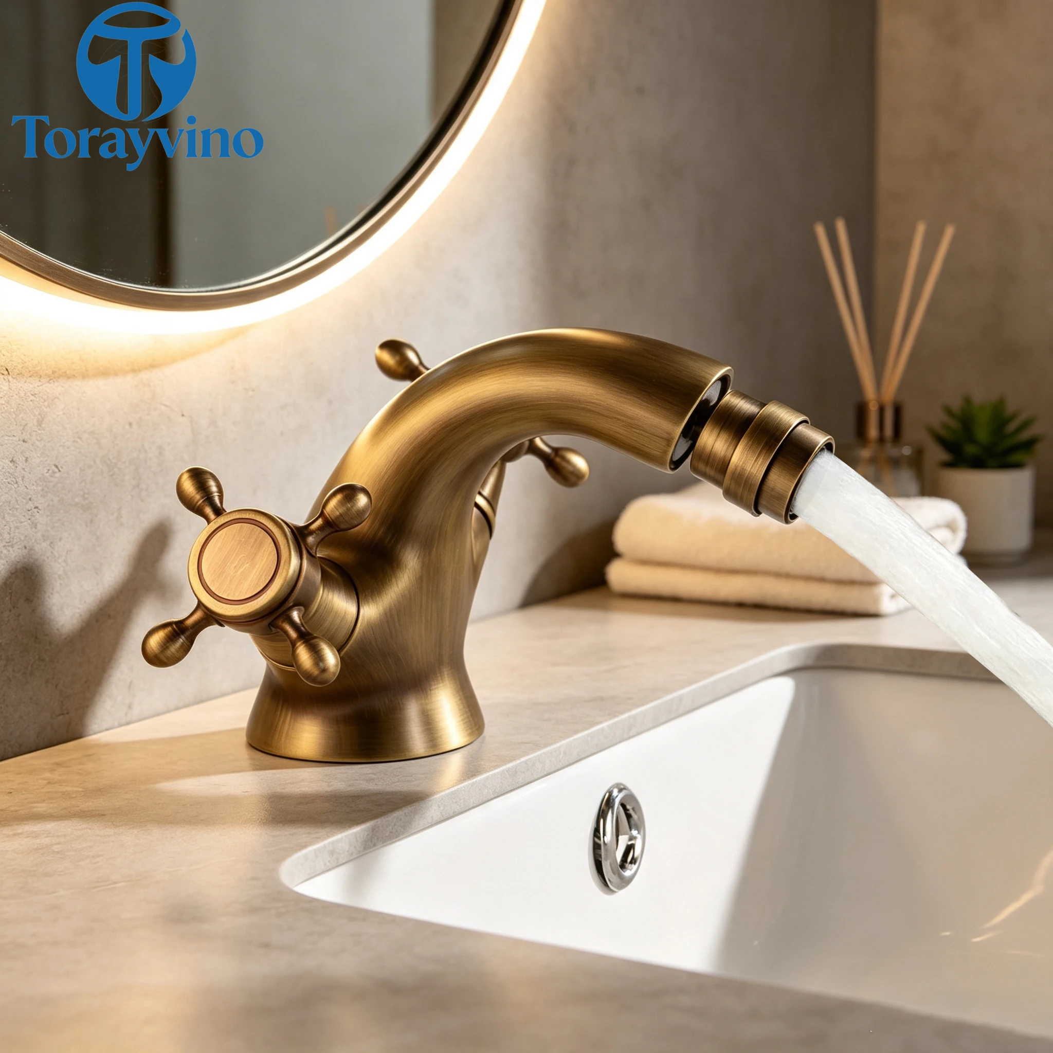 Torayvino Bathroom Bidet Faucet with 360 Swivel Spout Voltaire Bidet Faucet Antique Brass Deck Mounted Hot Cold Water Mixer Tap