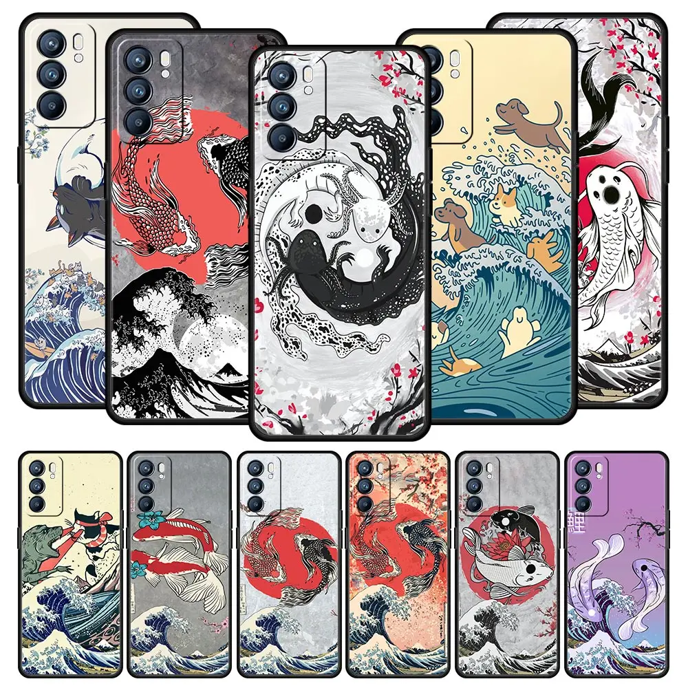 Koi Fish Case For OPPO A16 A15 A54 A53 A52 A9 2020 A74 A76 A95 A12 Reno7 SE Reno6 Z Find X5 Pro Plus 5G Phone Cover Black Shell