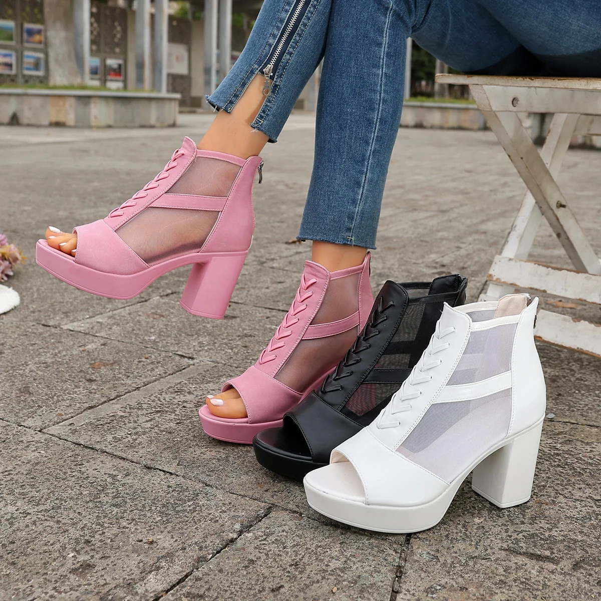 2026 New Classic Solid Color Women's High-heeled Boots Spring and Summer Open Toe Breathable Outdoor Casual Plus Size Sandals