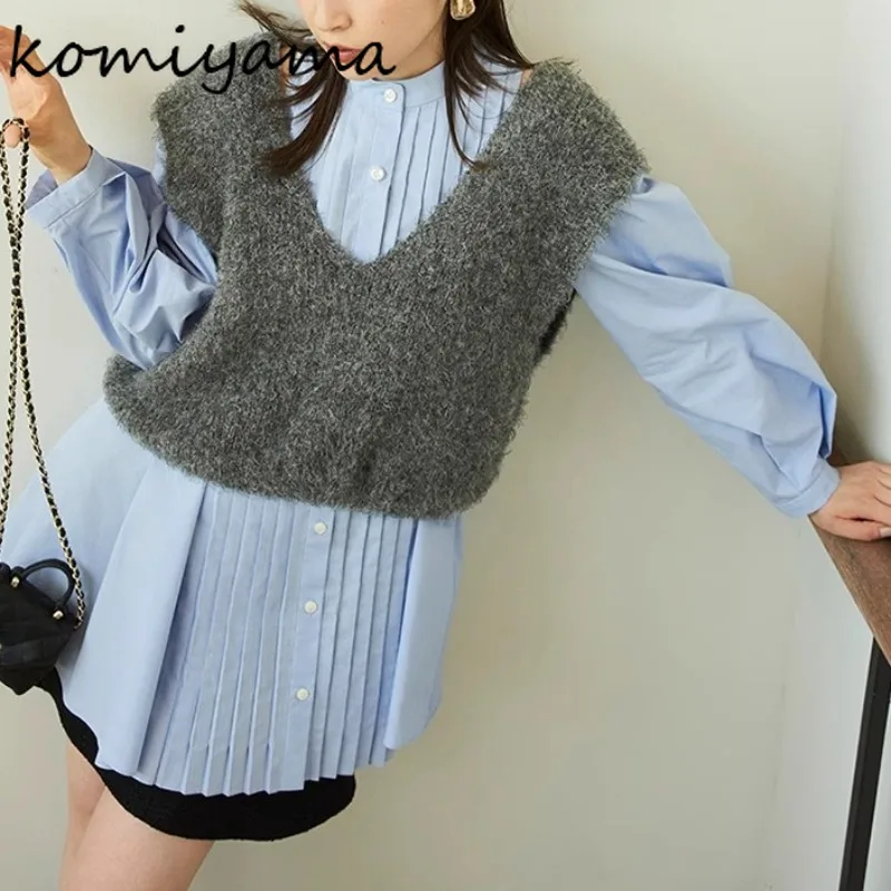 

Japanese Shirts Suit Lantern Sleeve Single Breasted Pleated Blusas Mujer +V Neck Knitted Vest Spring Two Piece Set for Women