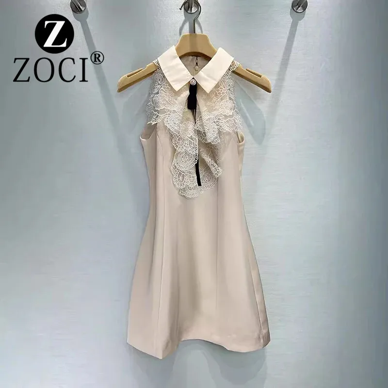 [ZOCI] Same Style Dress, Miu French Lace Patchwork Neck Hanging Skirt, High-end Socialite Temperament Short Skirt, Summer