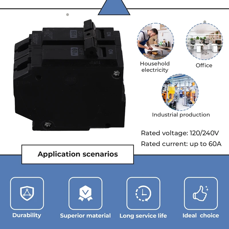 Electrical 60A 2 Pole HO Circuit Breaker,US Standard Miniature Black Circuit Breaker 120/240V US Plug