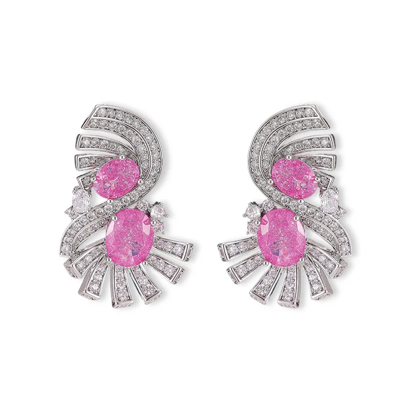 Vintage Fan Shaped Colorful Gemstone Earrings Inlaid Shiny Zircon Luxury High Texture Ear Jewelry Women Party Ear Accessory Gift