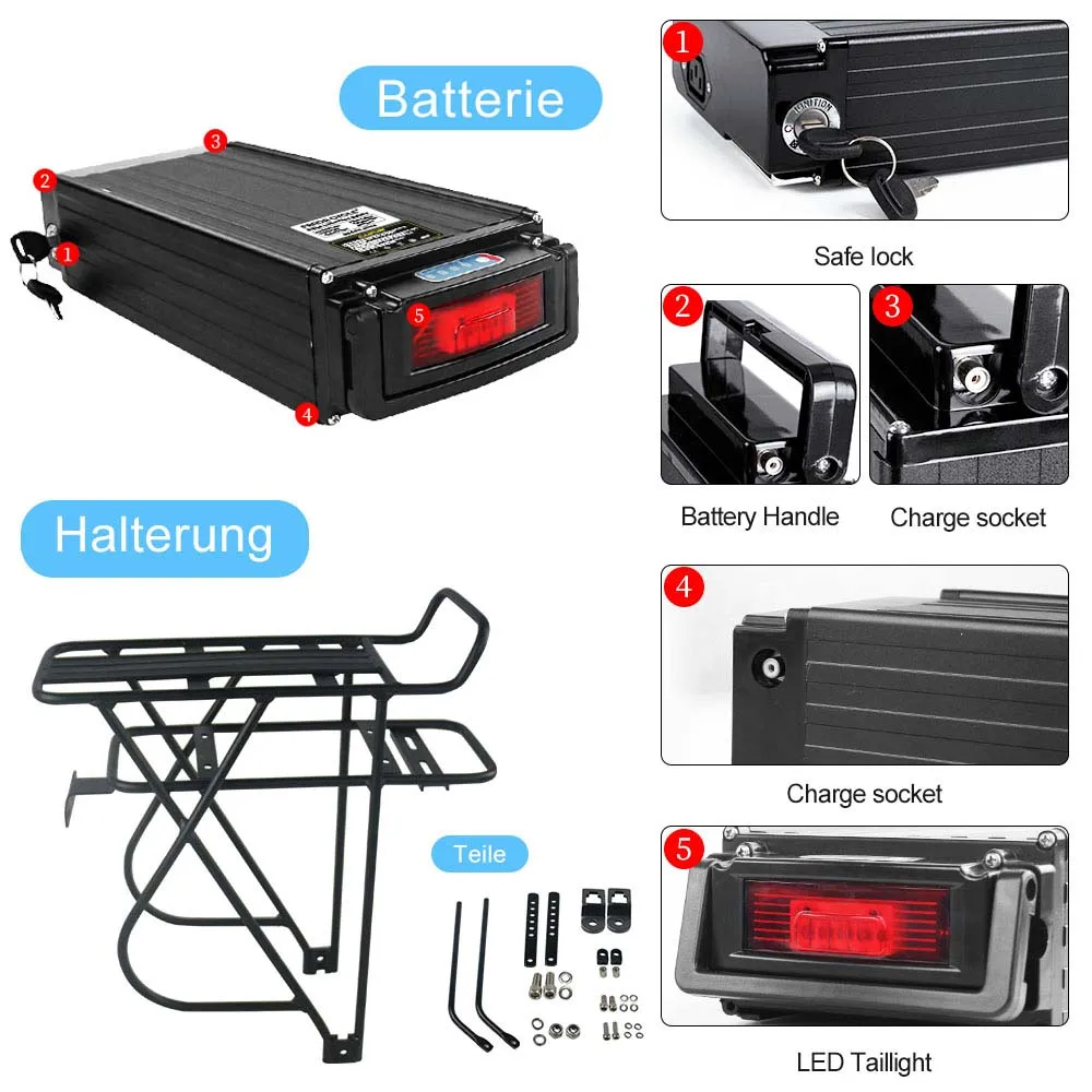 21700 EBike Battery Rear Rack 48V 52V 24Ah 36V 33.6Ah Trunk Electric Bike Battery 18650 52V 48V 17.5Ah 20Ah for 350W-2000W Motor