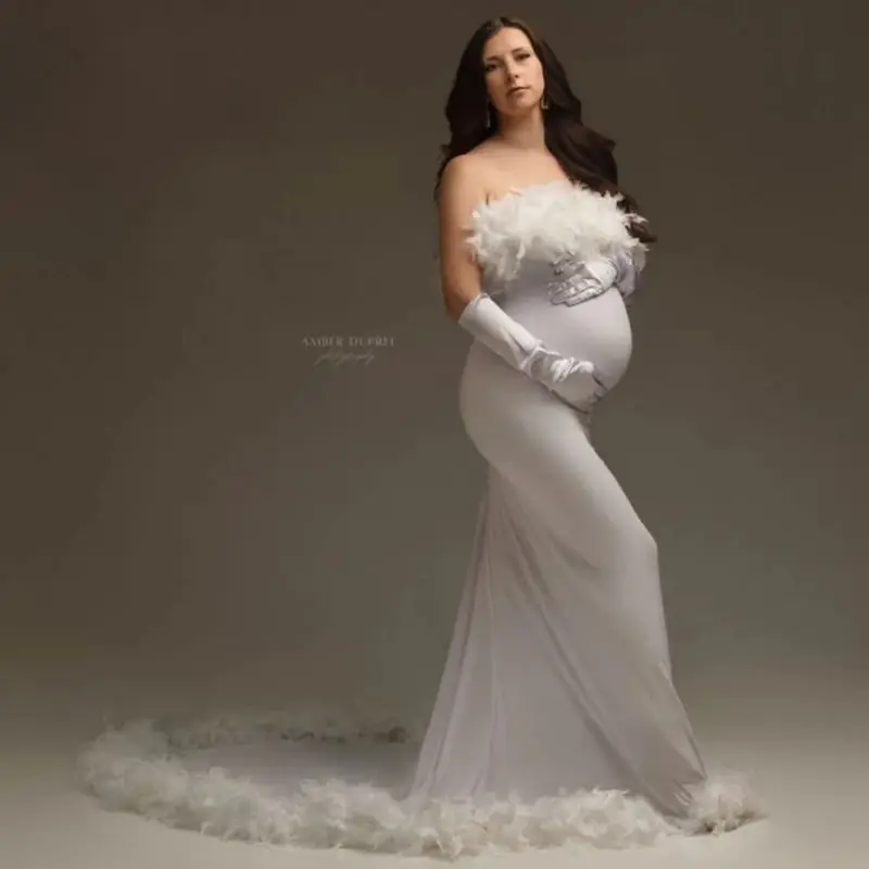 Robes de photographie vintage pour femmes enceintes, plumes de luxe, fibrIQUE dex, longueur au sol, personnalisées, baby shower, quelque soit