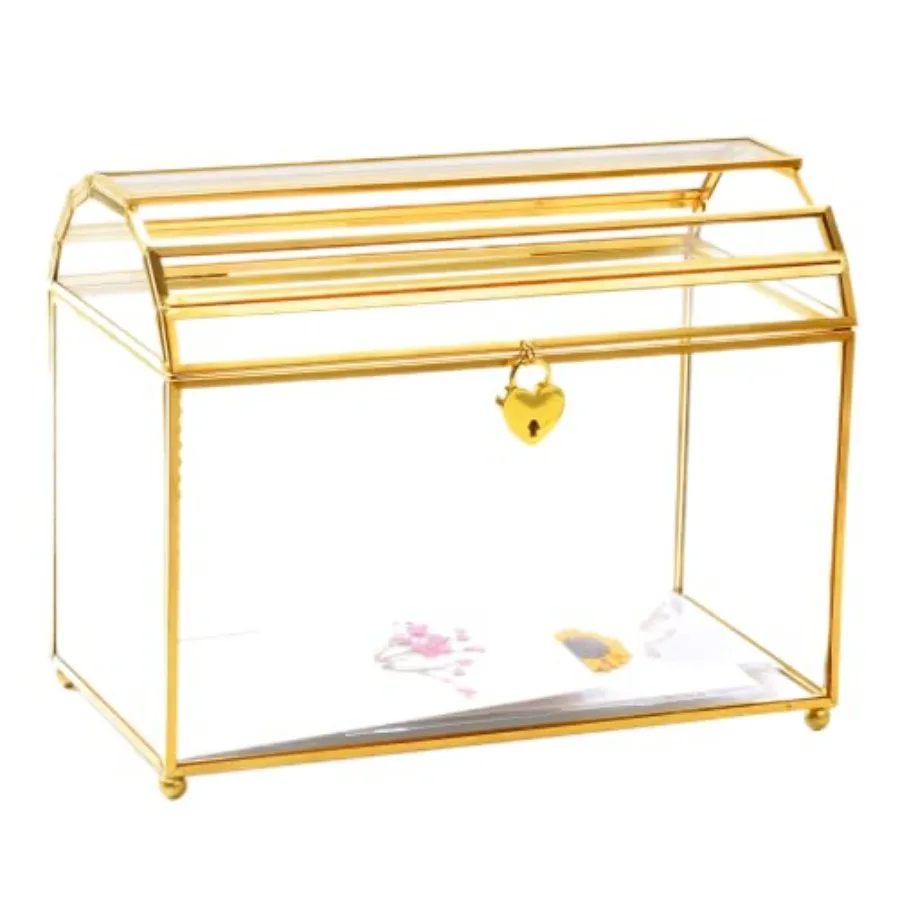 

Коробка для подарочных карт на свадьбу с замком и отсеком, золотая стеклянная коробка для голосования/донатов/розыгрышей/приема подарков, улучшенный замок безопасности, 10x7.7x5.