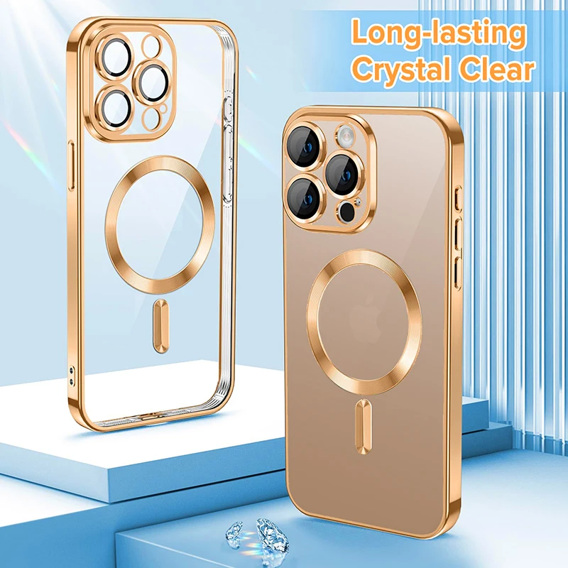 Official New Desert Gold Phone Case for iPhone 16 15 14 13 12 11 Pro Max 16 Plus Plating Magnetic Soft TPU Clear Lens Film Cover